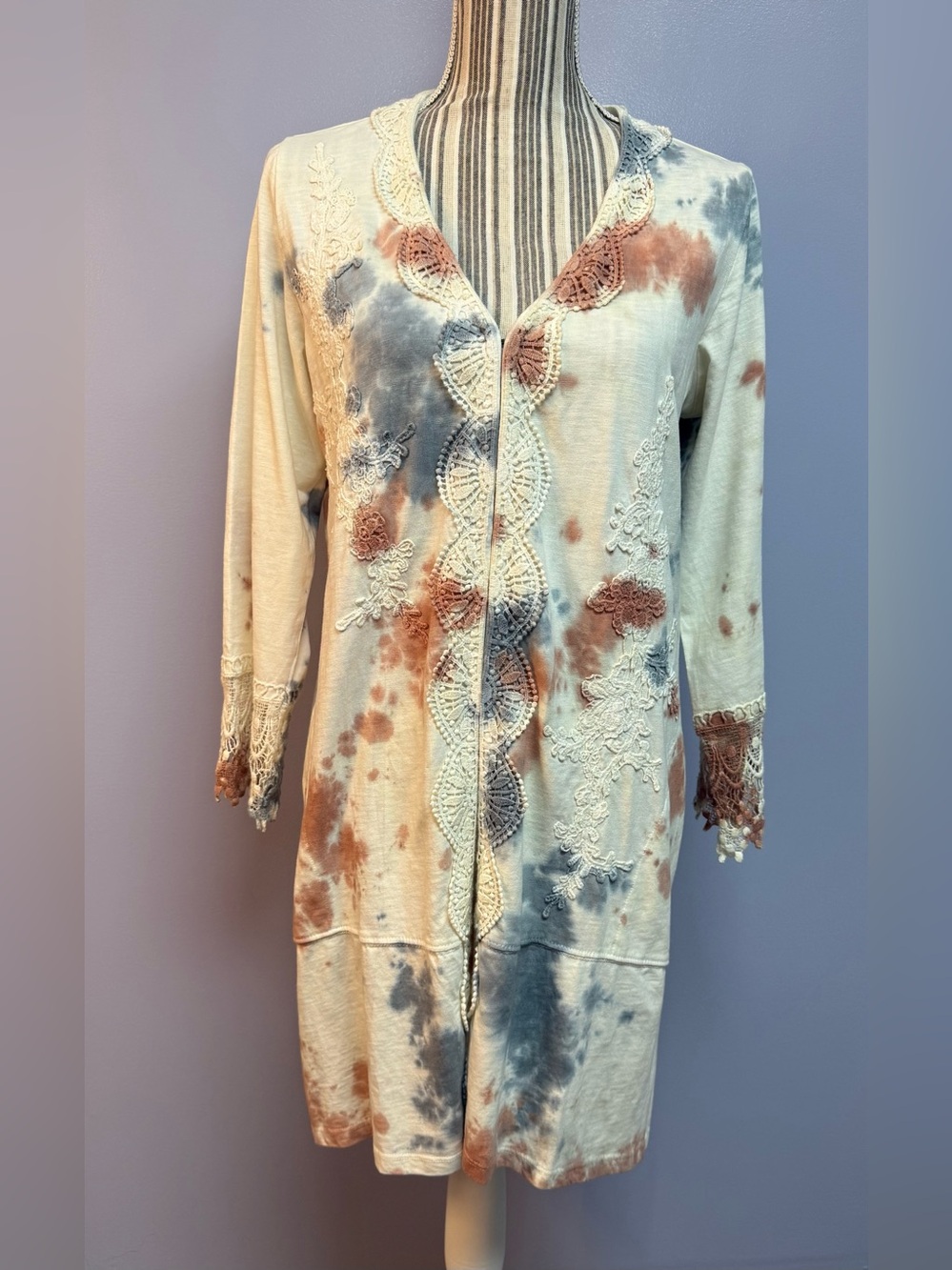 LOGO Lavish Boho Lace-Trim Tie-Dye cotton Duster - Cream, Rust & Slate size S